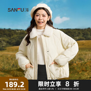 三福棉衣2024冬季新中式蝴蝶結口袋拼接毛領外套女裝832929 白色 L