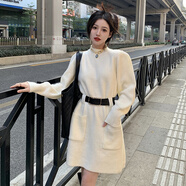 BMOI胖mm法式感小個(gè)子毛衣裙秋冬大碼加厚內搭寬松長(cháng)袖針織連衣裙 杏白【奶系穿搭/藝術(shù)生初戀感別致/俏皮減齡/韓劇女 M 【85-100斤】