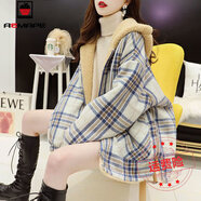 AEMAPE外套女2025新款秋冬季韓版保暖加絨加厚羊羔毛拼接開衫寬松上衣 藍(lán)色  M適合80-110斤