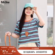 MsShe【全棉】大碼女裝2025夏裝胖mm彩色條紋提花正肩短袖T恤上衣 北歐藍(lán)色現(xiàn)貨 2XL