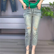 木清清百搭休閑洋氣破洞直筒牛仔褲女2024夏季新款時(shí)尚高腰顯瘦潮煙管褲 淺藍(lán)色 M 建議80-100斤