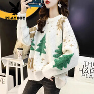花花公子（PLAYBOY）圣誕紅色毛衣女秋冬2025新款寬松韓版氛圍感內搭打底針織衫上衣女 米白色 M