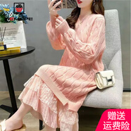 AEMAPE中長(cháng)款連衣裙女2025春秋冬季新寬松加厚蕾絲過(guò)膝針織毛衣裙子女 粉紅色 M