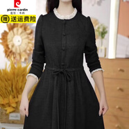 皮爾卡丹（pierre cardin）精紡時(shí)尚洋氣簡(jiǎn)約優(yōu)雅禮服裙2025春季新款系帶收腰顯瘦打底裙 黑色不加絨連衣裙 3XL 建議135-145斤