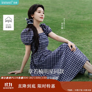 茵曼章若楠同款|法式格紋連衣裙夏季女裝泡泡袖a字裙子 藏青藍  XL