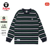 Aape旗艦店男裝春夏猿人徽章簡約印花撞色條紋潮流長袖T恤1370XXL NYM/綠條紋 S 均碼