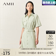 AMII中秋好禮2025秋季新款氣質(zhì)通勤襯衫領(lǐng)短袖連衣裙女翻領(lǐng)套頭配腰帶 薄荷綠 165/88A/L