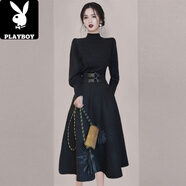 花花公子（PLAYBOY）秋冬穿搭感赫本加厚毛衣裙子大碼女裝寬松氣質(zhì)收腰針織連衣裙 黑色多巴胺女孩穿搭/初秋新款/小 2XL