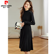 皮爾卡丹（pierre cardin）羊毛針織連衣裙女秋冬新款配大衣打底顯瘦氣質(zhì)百褶拼接毛衣裙過(guò)膝 黑色 XL