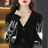 皮爾卡丹秋冬新款羊毛針織開(kāi)衫女復古小香風(fēng)法式v領(lǐng)黑白拼色針織毛衣 黑色 S (建議80-95斤)