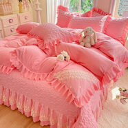 其他韓式蕾絲花邊床蓋四件套風(fēng)小清新被套純色床單四件套網(wǎng)紅款 花夕-玉色 床蓋款 1.5m床蓋四件套被套200x230