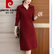 皮爾卡丹（pierre cardin）2025新款春秋套頭中長款針織連衣裙女寬松時尚翻領(lǐng)毛衣打底裙過膝 酒紅色 M