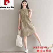 皮爾卡丹復(fù)古文藝森女系棉麻風(fēng)寬松大碼休閑中長(zhǎng)款立領(lǐng)半開(kāi)衫大口袋連衣裙 軍綠色 M