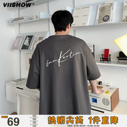 威秀夏季潮流美式復古刺繡男裝圓領(lǐng)短袖T恤大碼寬松個(gè)性體恤   深灰 2XL