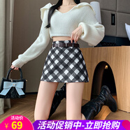 歐貝汐秋冬款復古學(xué)院風(fēng)經(jīng)典格紋A字短裙時(shí)尚百搭包臀半身裙 黑色格子 S
