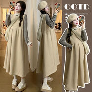 孕婦裝秋冬套裝新款日系半高領(lǐng)蕾絲上衣兩件套加厚背帶孕婦連衣裙 花邊打底衫+華夫背心裙【兩件套】 XXL