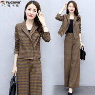 啄木鳥(niǎo)西裝套裝女大碼胖mm春秋2025新款韓版時(shí)尚氣質(zhì)格子闊腿褲兩件套裝 咖啡色-兩件套 【優(yōu)質(zhì)款】 2XL 130-145斤