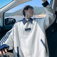 普戈斯美式學(xué)院風(fēng)休閑開衫衛(wèi)衣男秋冬加厚學(xué)生條紋情侶百搭運(yùn)動(dòng)夾克外套 W5089白灰色 2XL 145-160斤