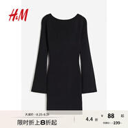H&M女裝連衣裙秋季圓領(lǐng)喇叭袖修身簡(jiǎn)約時(shí)尚潮流羅紋針織裙1189048 黑色 170/116