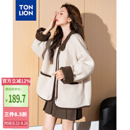 唐獅（TonLion）2024女翻領(lǐng)拼接女仿羊羔絨短款外套 淺杏色 M 