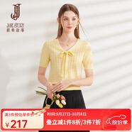 經(jīng)典故事（JANE STORY）經(jīng)典故事蝴蝶結(jié)系帶針織衫女2024夏季新款肌理感格紋上衣短袖小衫 黃色 L