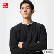 優(yōu)衣庫(kù)男裝女裝情侶華夫格亨利領(lǐng)套頭衫長(zhǎng)袖T恤25秋冬新款479784 09 黑色 L /175/100A