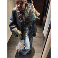 三吉黑花【摘星】繩繡細閃復古印花皮外套 瀾夜黑 S