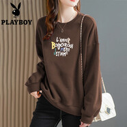花花公子（PLAYBOY）時(shí)尚精琉棉韓版衛(wèi)衣女春秋新款寬松顯瘦百搭長(zhǎng)袖圓領(lǐng)打底上衣潮 咖啡色【LAMO】 L 建議90-110斤