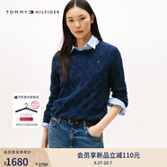 TOMMY HILFIGER【明星同款系列】秋冬女裝絞花肌理休閑通勤內搭羊毛衫毛衣 深藍色C1G XS （推薦：90-100斤）