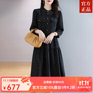 ZXEGI夏新款高端品牌100%真絲連衣裙女小眾設(shè)計(jì)感桑蠶絲長(zhǎng)袖印花直筒裙 黑底黃波點(diǎn) XL