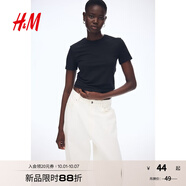 H&M女裝T恤2025夏季新款洋氣淺夏季系圓領(lǐng)簡(jiǎn)約修身短袖上衣1260200 黑色 L 170/104