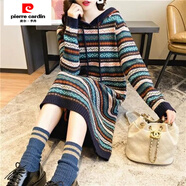 皮爾卡丹（pierre cardin）加絨加厚中長(cháng)款復古民族風(fēng)條紋過(guò)膝毛衣裙女寬松長(cháng)袖連帽套頭毛衣 藏青色【不加絨】 S 建議85-95斤