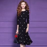 菲夢(mèng)伊刺繡黑色連衣裙女秋季新款富家千金感赫本風(fēng)氣質(zhì)收腰魚(yú)尾裙 黑色 L