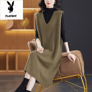 花花公子（PLAYBOY）馬甲背心連衣裙女秋冬遮屁股洋氣上衣針織衫外穿寬松中長(cháng)款毛衣裙 黃駝色 2XL 建議125-135斤