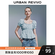UR2025夏季新款女裝拼接蕾絲打攬設計短袖罩衫襯衫UYY250032 淡藍 (面料微透) S