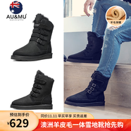 AU&MU澳洲紅色雪地靴女冬季羊皮毛一體男女靴保暖加絨防滑大碼戶外棉鞋 黑色 【男女款】【羊皮毛一體】310 36 U5