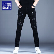 羅蒙男士高端牛仔褲香港潮流百搭破洞牛仔褲男黑色補丁修身小腳長(cháng)褲 851黑色 28 腰圍二尺一 建議100斤左右
