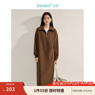 茵曼（INMAN）polo領(lǐng)半拉鏈衛(wèi)衣連衣裙2025春秋女裝新品套頭落肩長(zhǎng)款針織裙 深咖色 S