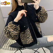 初徑2025新款豹紋毛呢開(kāi)衫女裝春秋外套女短款寬松外搭新款棒球服百搭 卡其色 豹紋 M 建議100-115斤