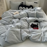 語(yǔ)森憶a類(lèi)全棉水洗棉床上四件套純棉毛巾繡被套床單三件套兒童卡 蘋(píng)果貓(100新疆全棉 立體毛巾繡工藝) 床笠款 7-四件套 1.5m床笠款適200x2