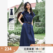 梵希蔓深藍色復古牛仔連衣裙女2025夏季新款蕾絲袖口氣質(zhì)收腰長(cháng)裙 A1527 牛仔藍 XL