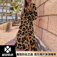 雄捷歐美風(fēng)印花波西米亞沙灘長(zhǎng)裙休閑度假 卡其豹紋 S