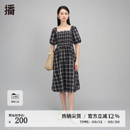 播春夏季新款氣質方領復古泡泡袖連衣裙女DDQ3LD5051 K41黑色格 M