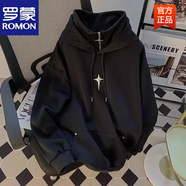 羅蒙（ROMON）重磅美式連帽假兩件衛衣男ins潮牌寬松休閑上衣百搭青少年外套 黑色 M 85-105斤
