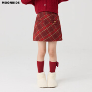 moonkids女童毛呢裙子紅色格子半身短裙2025秋冬圣誕兒童過(guò)年傘裙加厚冬裝 4536紅格直筒裙 110 cm
