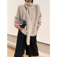 秋冬慵懶風V領圍巾花紗針織毛衣女寬松高級感軟糯中長款粗線上衣 米杏色 S 均碼