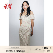 H&M女裝花卉連衣裙秋季花朵泡泡一字肩短袖植物印花長(cháng)裙1230970 奶油色/碎花 S 160/88