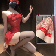 精尼琳新年戰袍情趣睡裙偏愛(ài)紅玫瑰  性感一字肩紅色蕾絲抹胸連衣裙辣妹 偏愛(ài)紅玫瑰  紅色抹胸裙+紅網(wǎng)襪 均碼