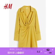 H&M女裝連衣裙秋季復(fù)古翻領(lǐng)氣質(zhì)長袖通勤襯衫式休閑連身裙1187810 黃色 155/80