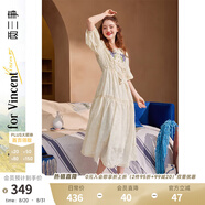 兩三事度假風(fēng)法式連衣裙女茶歇24夏季復古刺繡方領(lǐng)短袖裙子嗜好冷鳶 米杏色預售 S